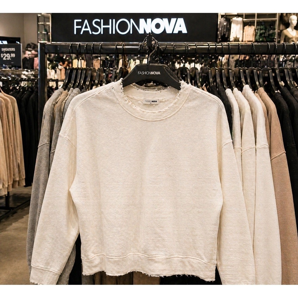 FashionNova Men Off White Distressed Crewneck Sweatshirt Tery Knit 100% Cotton M
